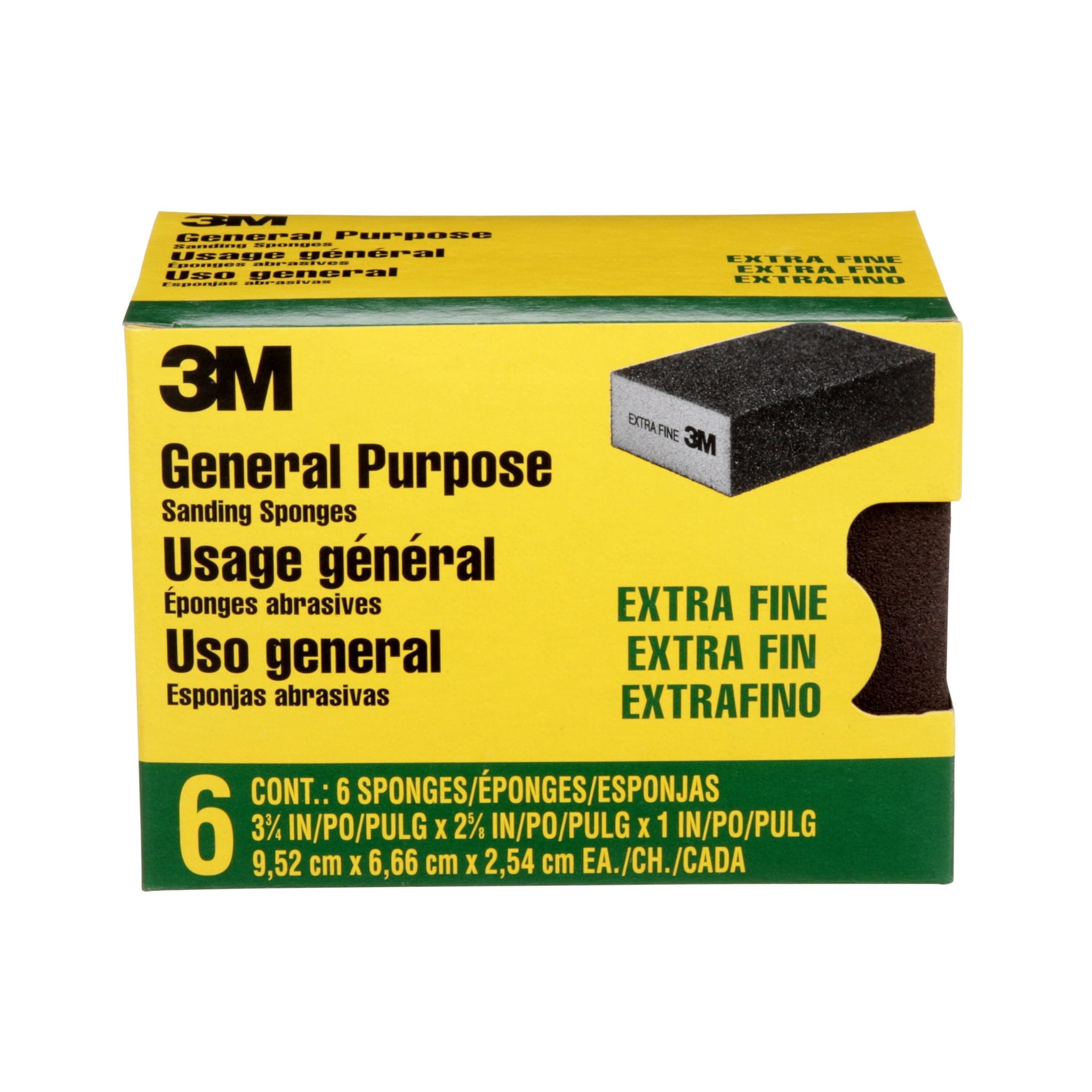 Sanding Sponge Block, 6-Pack, Extra Fine Grits, 3-3/4 in x 2-5/8 in, Designed For Sanding Wood, Paint, Metal, Plastic or Drywall, Features 3M Abrasive, Made with Durable Flexible Foam (CP000-6P-CC)