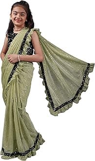 Kids Girls Lycra Blend Saree With Unstitched Sequence Blouse Piece (3-4 yrs to 11-12 yrs) (Pista, 4-5 Years - S)