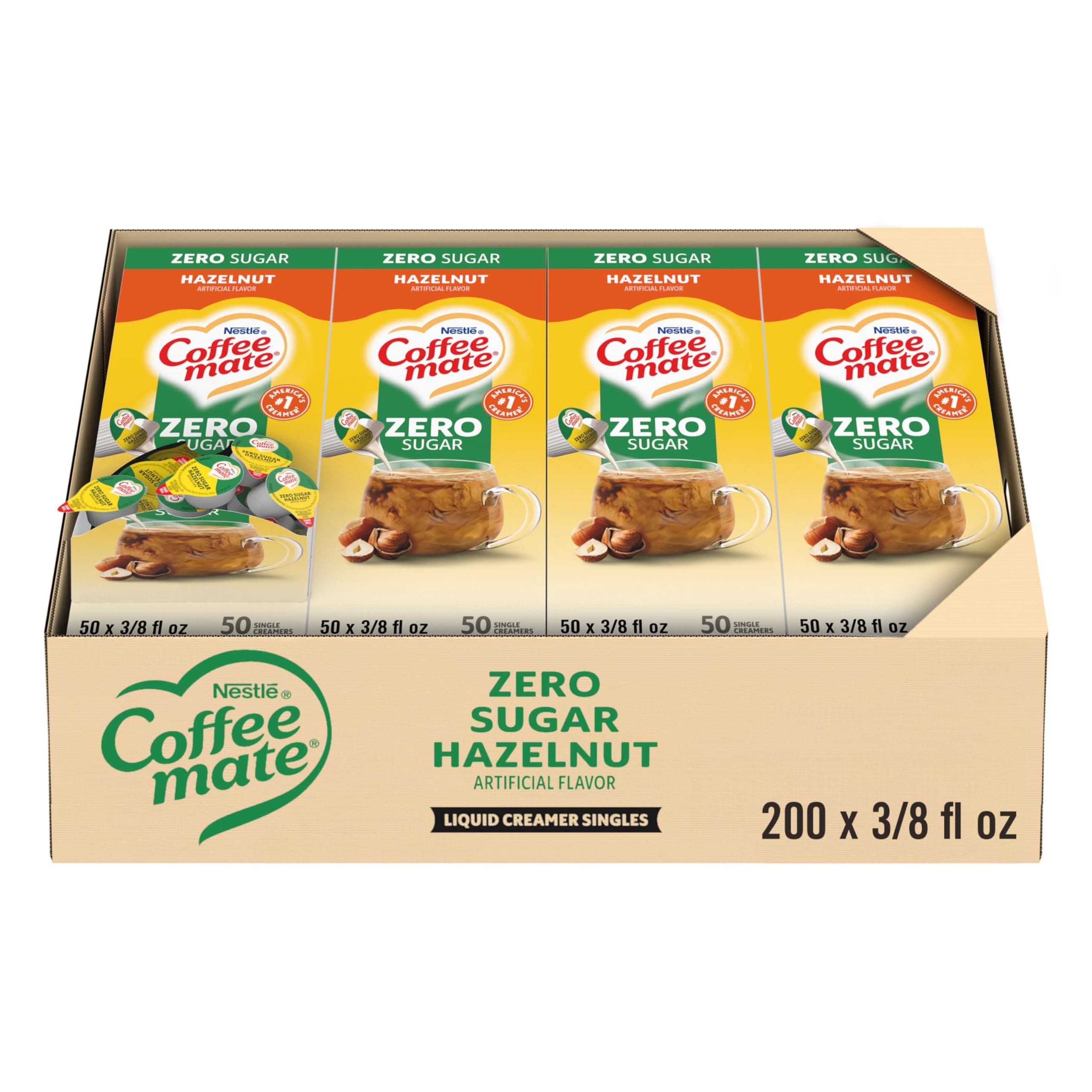 Nestle Coffee mate Coffee Creamer, Zero Sugar Hazelnut, Liquid Creamer Singles, Non Dairy, No Refrigeration, 0.375 fl oz Tubs (Pack of 200)