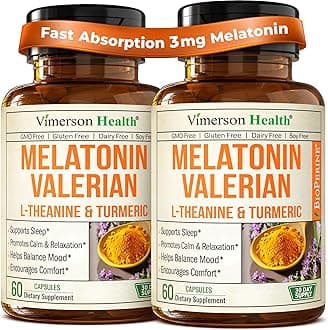 Melatonin 3mg Sleep Aid with L-Theanine & Valerian Root – Turmeric Curcumin Supplement with Ginger & Black Pepper – Organic Turmeric Supplement for Sleep, Calm and Stress Relief Support – 2 Pack