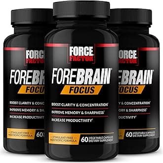 Forebrain Focus Brain Booster, Brain Supplement to Boost Clarity & Concentration, Improve Memory & Increase Productivity, Nootropic Brain Support Supplement, 180 Capsules, Black (FFS-00971-FG)