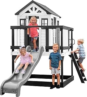 Backyard Discovery Sweetwater Heights White Elevated Cedar Wooden Kids Playhouse with Wave Slide, Play Kitchen, Step Ladder, Half Door, Wrap-Around Deck, Windows, Bell, Growth Chart for Outdoor Play