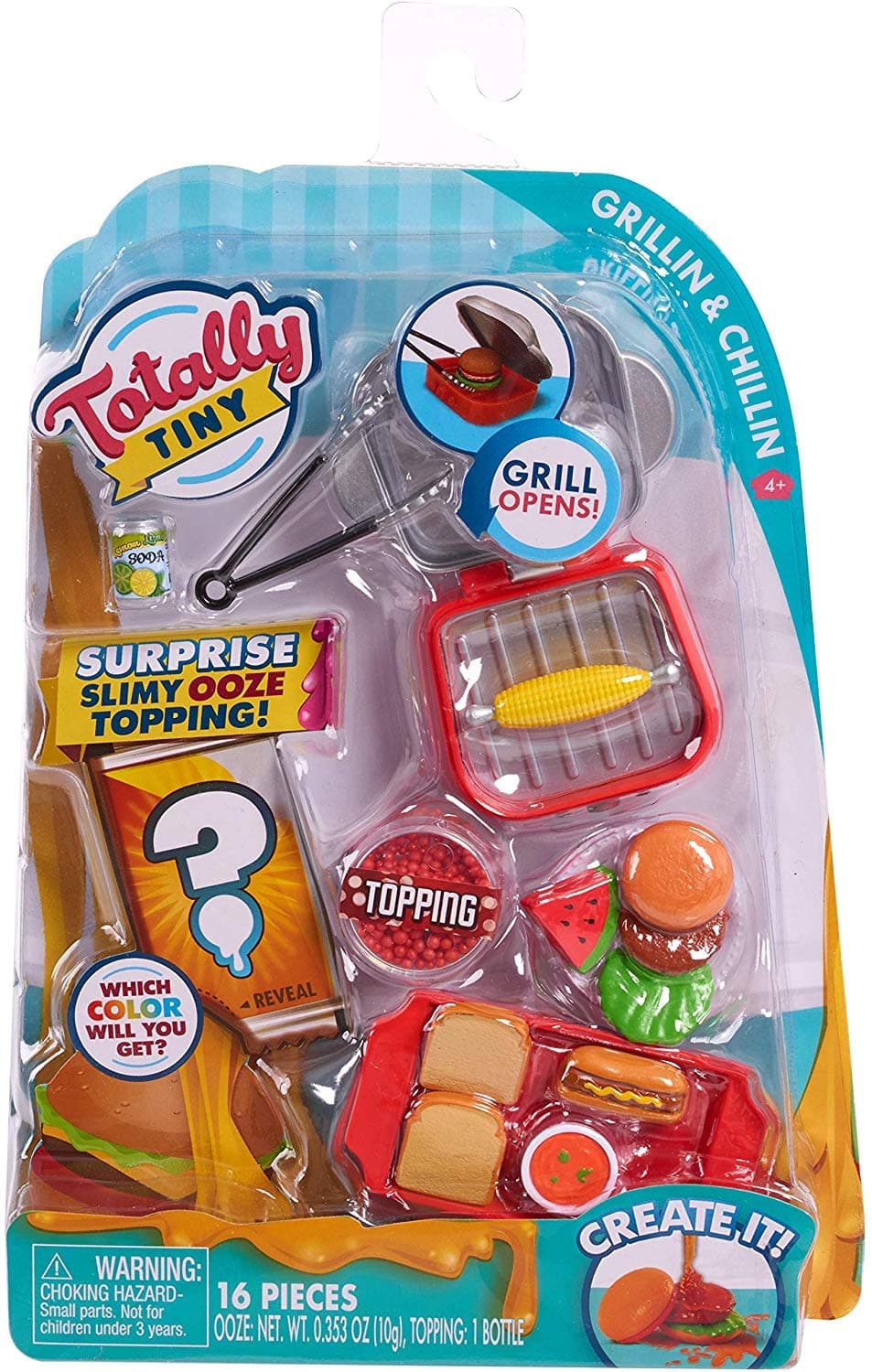 totally tiny Grillin & Chillin 16 Pieces and Feature toppings and a Mystery Slimy ooze Topping.