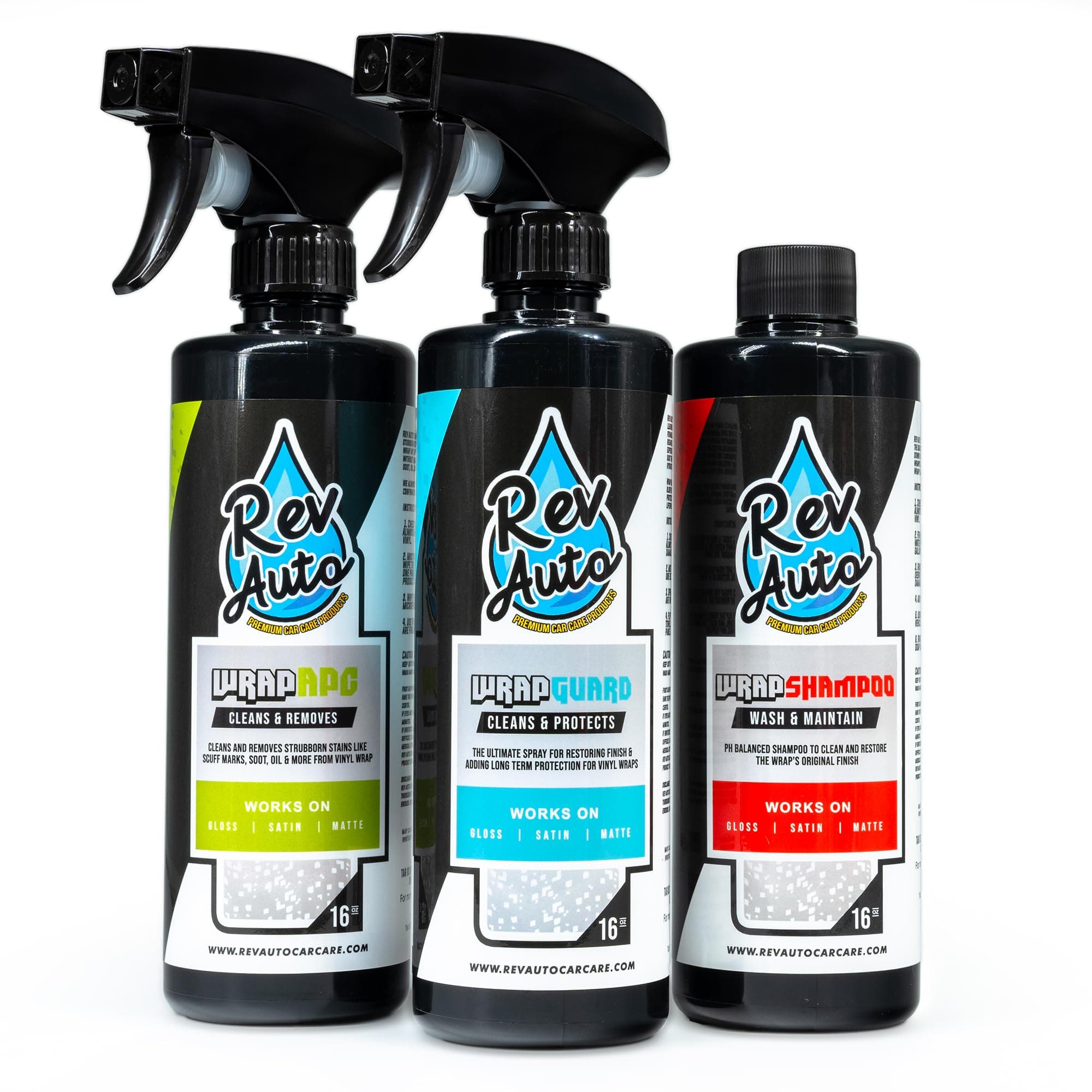Rev Auto Vinyl Wrap Cleaner Kit – 3-Item Set Includes Wrap Detailer, Shampoo & Light Stain Remover | Made for Gloss, Satin, Matte, Chrome & More