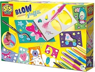 SES Creative: Blow Airbrush Graffiti Kit - DIY Art & Craft Set, 6 Colored Blow Airbrush Pens, 2 Templates, Printed & Blank Coloring Sheets, Kid Age 6+