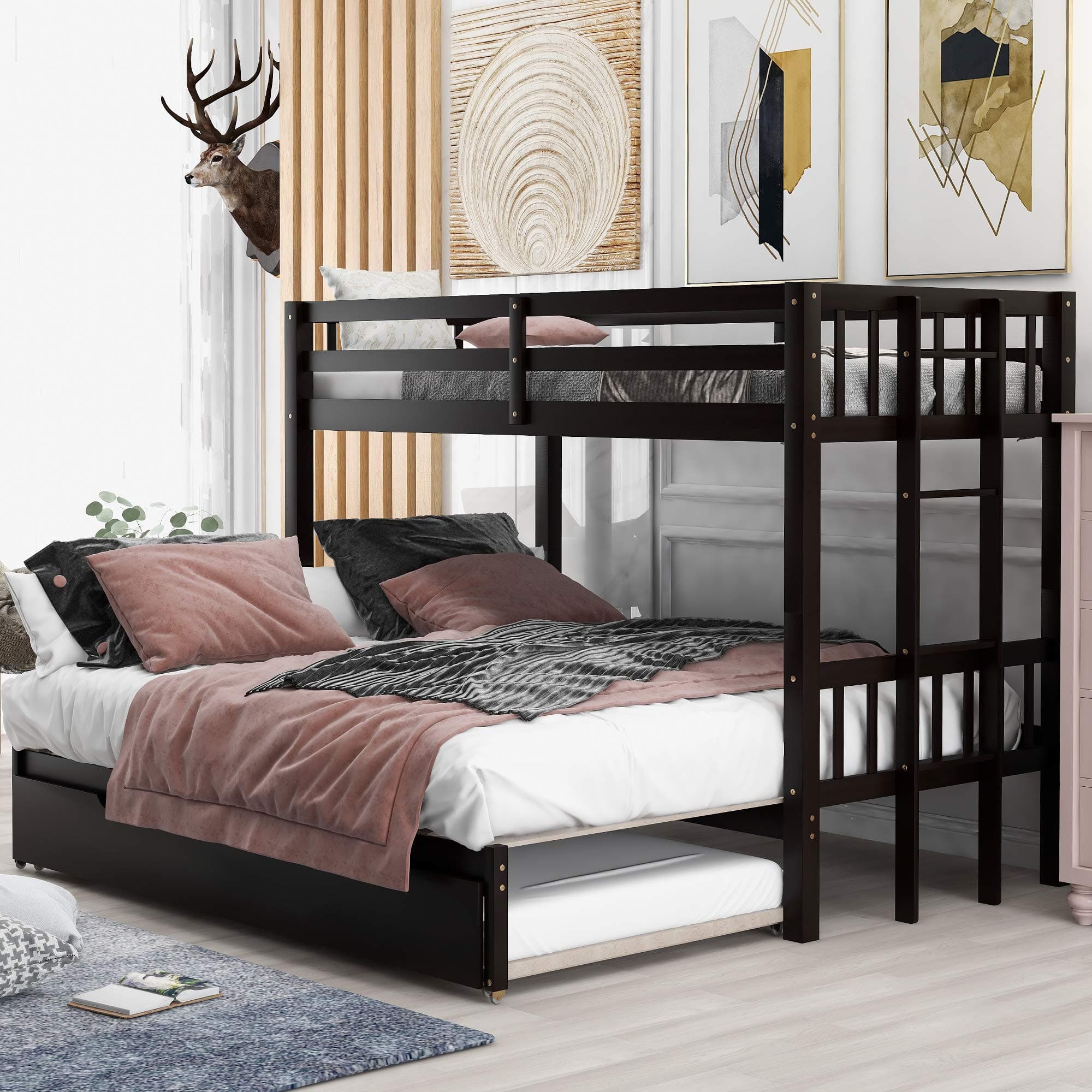 Twin Over Pull-Out Queen Full Bunk Bed with Trundle