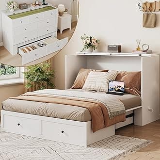 Full Size Murphy Bed with Charging Station & Drawer, Full Size Mobile Cabinet Bed Frame, Murphy Chest Bed for Bedroom, Guest Room