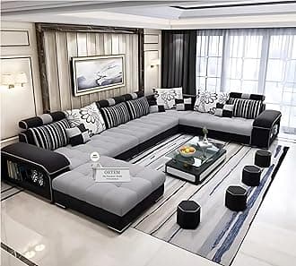 U-Shape Sectional Sofa Set for Living Room | 10-Seater Large Fabric Sofa with Tea Table & 4 Puffy | Spacious Seating Capacity 14 Persons | Premium Comfort | Pre-Assembled