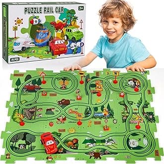 25PCS Puzzle Racer Kids Car Track Set, Jungle Themed Series, Educational Car Puzzle Toys Gifts for Kids and Boys