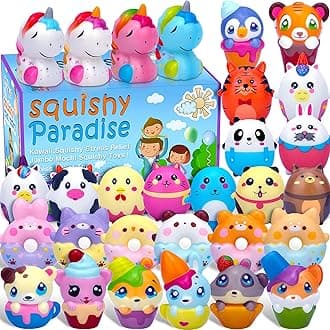30 Pack Squishy Toys for Kids Party Favors Bulk, Kawaii Animals Squishies Pack Unicorn Donuts Birthday Gifts for Boys Girls Classroom Treasure Prizes (with Keychains)