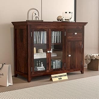 - GFH Wood Kitchen Cabinet with Acrylic Glass Door, Storage Cabinet Racks, Home Kitchen Furniture, Crockery Rack, Display Unit, Wooden Chest of Drawers (Walnut Finish)