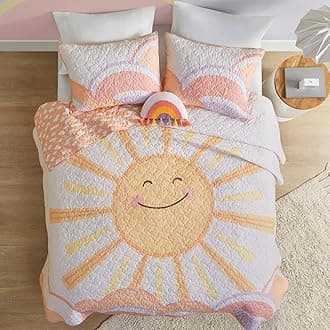 Kids Twin Quilt Bedding Set, Cotton Coverlet Sun Girls Bedding Set Rainbow & Clouds Reversible Dawn Light & Breathable Sham Throw Pillow Twin Yellow/Coral 3 Piece