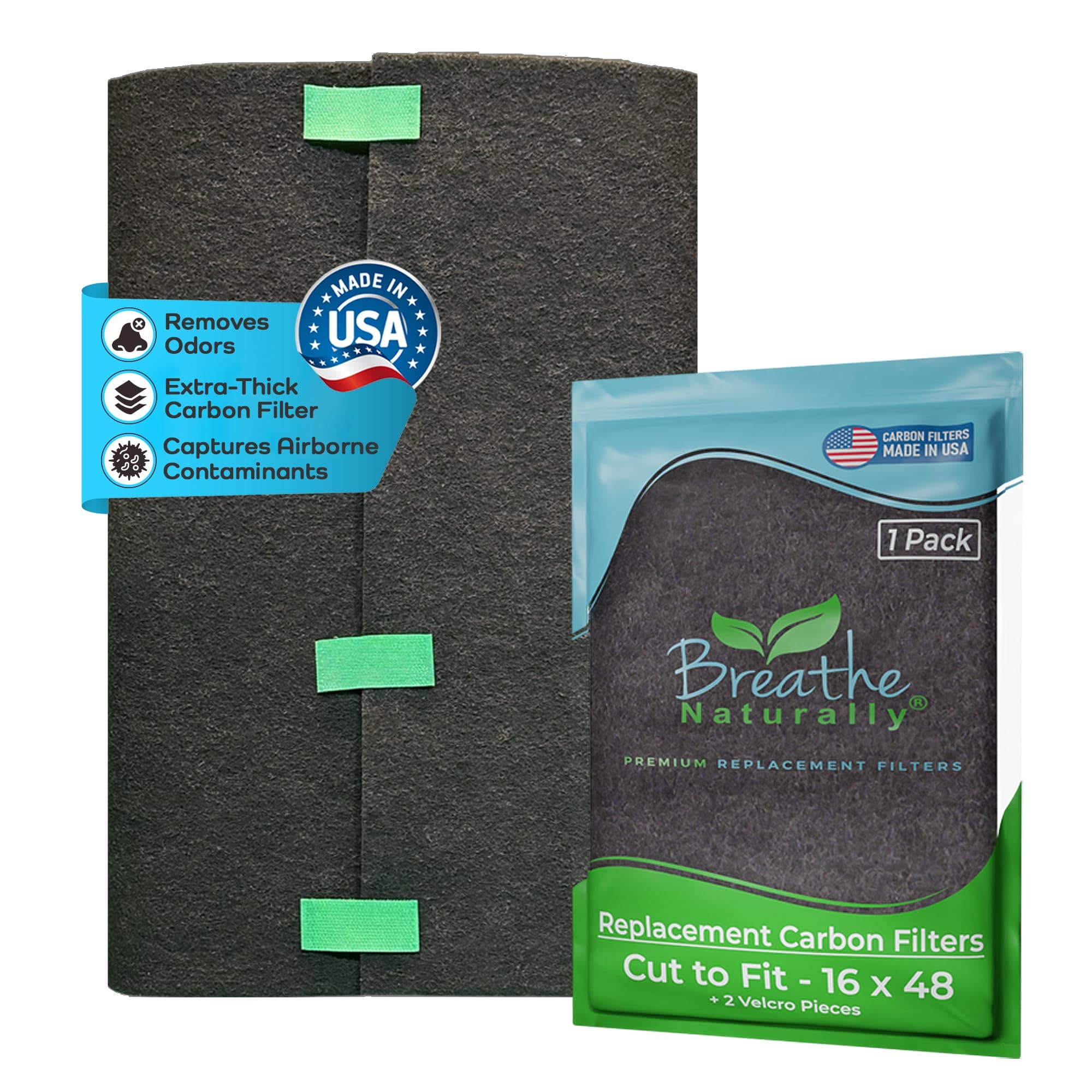 Breathe Naturally Universal Cut To Fit Carbon Activated Air Filter - Replacement Charcoal Filters - Pre Filter Carbon Sheet for Air Purifier, Vent Filters & More - Made in USA (Pack of 1, 16x48)