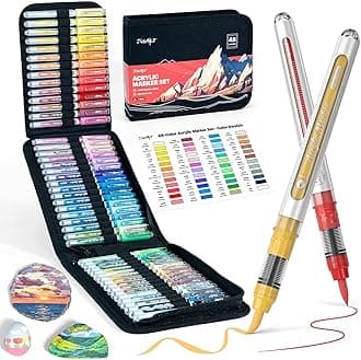 JusArt 48 Colors Acrylic Paint Markers with Canvas Bag, School Water-Based No-Bleed Paint Pens with Automatic Ink Control, Waterproof Brush Tip Markers for Rock, Egg, Wood, Fabric, Glass, DIY Crafts