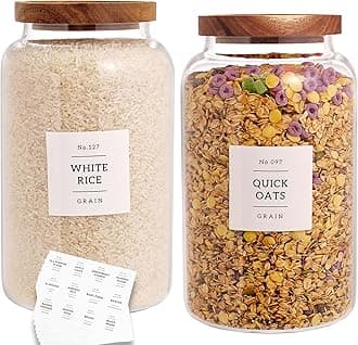 CZHQSMZ Set Of 2 Large Glass Jar with Wooden Lid with 132 Labels, Glass Storage Jars for Flour Pasta Candy Coffee Cookie and More(98 FL OZ/2800 ml)
