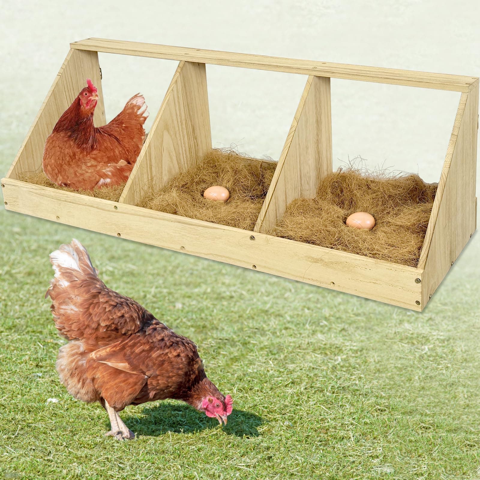Chicken Nesting Boxes, 3 Compartment Wooden Chicken Laying Boxes, Nesting Boxes for Chickens, Hens, Ducks, Poultry Nest Box for Laying Eggs, Includes 3 Fake Eggs
