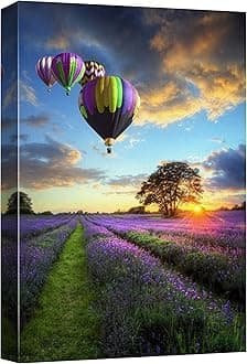 wall26 Framed Canvas Print Wall Art Sunset Hot Air Balloons Over Lavender Flowers Nature Wilderness Photography Realism Chic Scenic Colorful Rustic Ultra for Living Room, Bedroom, Office - 24"x36"