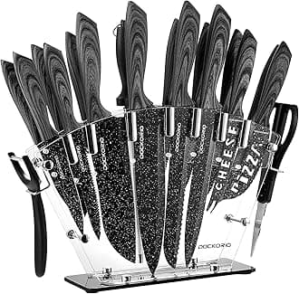 all in one Kitchen Knife Set with Block, 19 PCS High Carbon Stainless Steel Sharp Serrated Steak Knives Set, Chef Knives, Bread Knife, Scissor, Sharpener,
