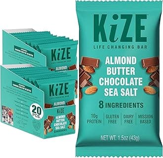 KiZE Energy Bars - Almond Butter Chocolate Sea Salt - Gluten Free, Dairy Free, Non-GMO, & High Protein Meal Replacement Energy Bars, Clean Food Ingredients - 10g High Protein Snacks (20 Count)