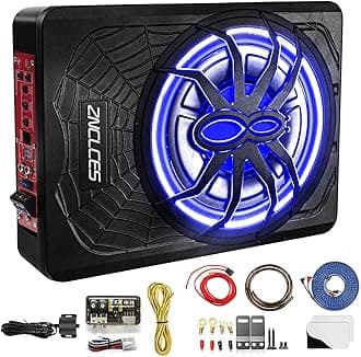 2025 Upgraded 10" 1200W Slim Under Seat Powered Car Subwoofer, Car/Truck Audio Sub Built in Amplifier for outstanding Heat Dissipation, Powerful bass and Blue LED Ambient Light enjoy Audio Experience