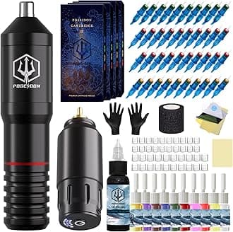 Tattoo Pen Kit - POSEIDON Wireless Tattoo Machine Kit, Tattoo Gun Kit with Tattoo Power Supply and 40 Pcs Tattoo Cartridge Needles, Complete Tattoo Kit Tattoo Supplies for Beginners(TK018)