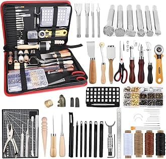 TLKKUE Leather Working Kit - Beginner's Leather Crafting Tool with Storage Bag, Leatherworking Tooling Kit for Sewing, Carving, Punching, Cutting, Stamping Tools