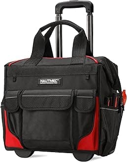 – HAUTMEC 14.5" Rolling Tool Bag on Wheels, Heavy-Duty Tool Bag with High-Density Oxford Fabric, Oversized Off-Road Wheels, Wide-Mouth Design, 25-Pocket, Double Zipper & Telescoping Handle - HT0179