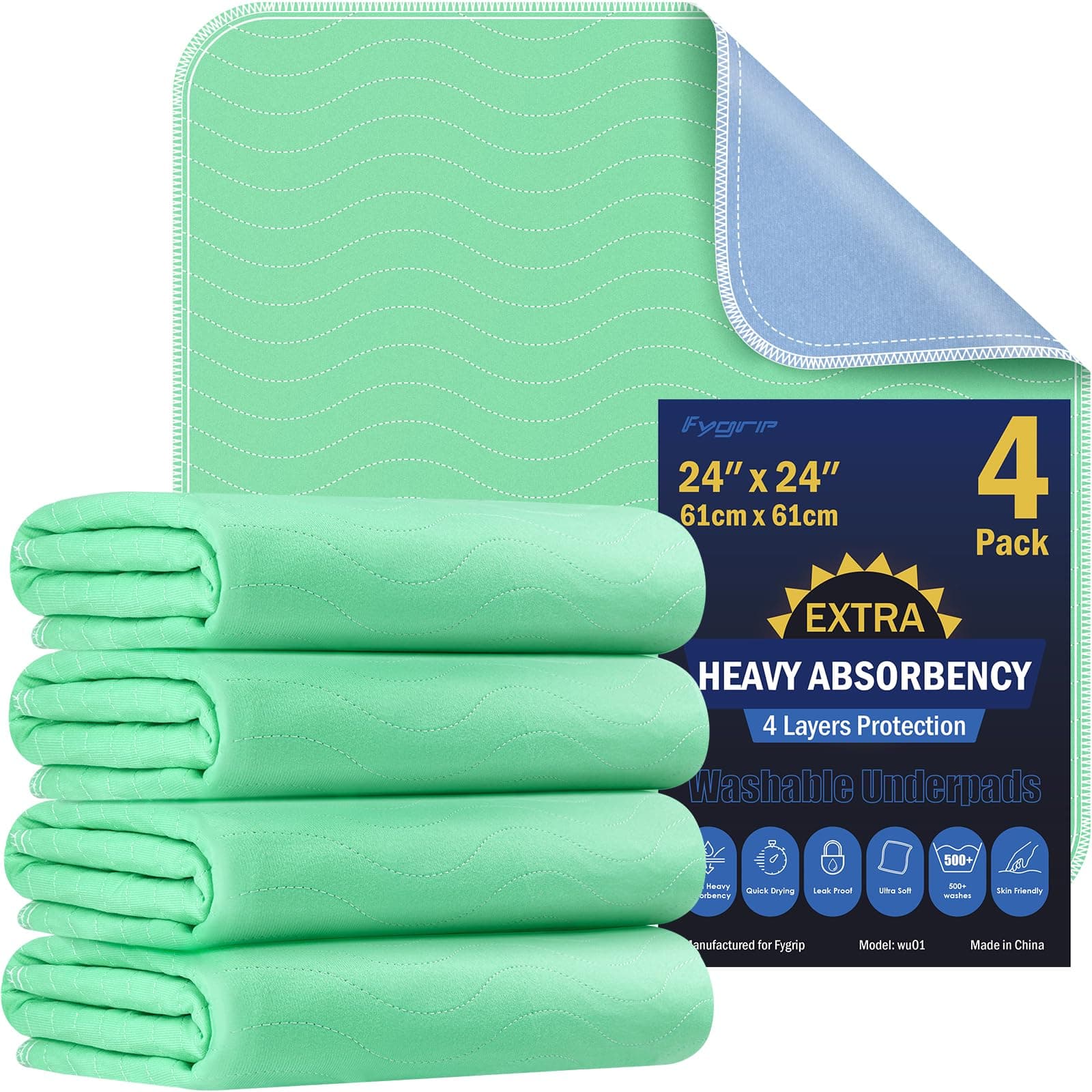 4 Pack 24” x 24” Extra Heavy Absorbency Washable Underpads, Waterproof Nursin...