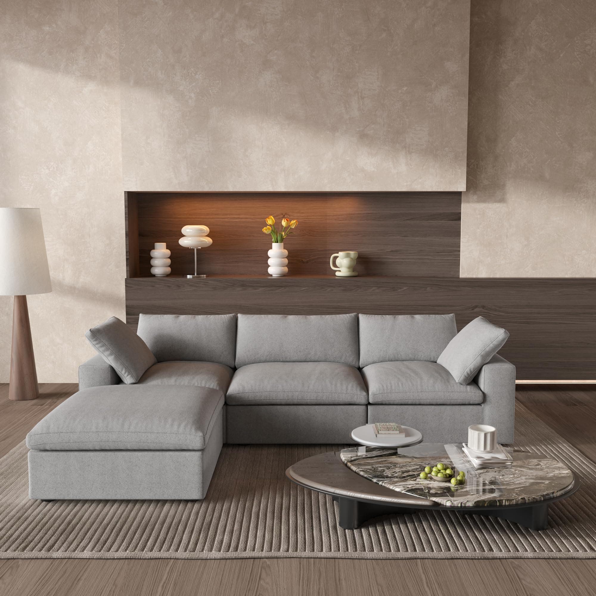 WJShome 120.45" Cloud Modular Sectional Sofa with Storage Ottoman, L Shaped Minimalist Convertible Couch Deep Seat Sofa for Living Room Sofa Sets (Light Grey, 3 Seater+1 Ottoman)