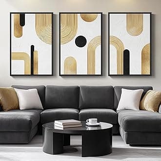 Large Framed Gold Abstract Geometric Wall Art for LIving Room, 3 Piece Modern Canvas Prints Paintings Artwork for Walls, Minimalist Black White Gold Pictures for Hallway Office Wall Decor 24x36 Inch