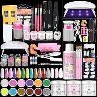 Saviland Acrylic Nail Kit for Beginners Practice: Keratin Acrylic Powder Monomer Liquid Brush Clippers Nail Lamp Complete Tools Everything 100 Nail Tips Home Starters