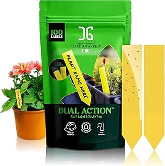 Catchmaster Dual Action Plant Labels 100 PK, Sticky Insect Trap Plant Stakes, for Live Plants Indoor Outdoor, Fruit Fly Trap, Glue Traps for Home, Farm, Garden, Hydroponics & Greenhouse, Pest Control