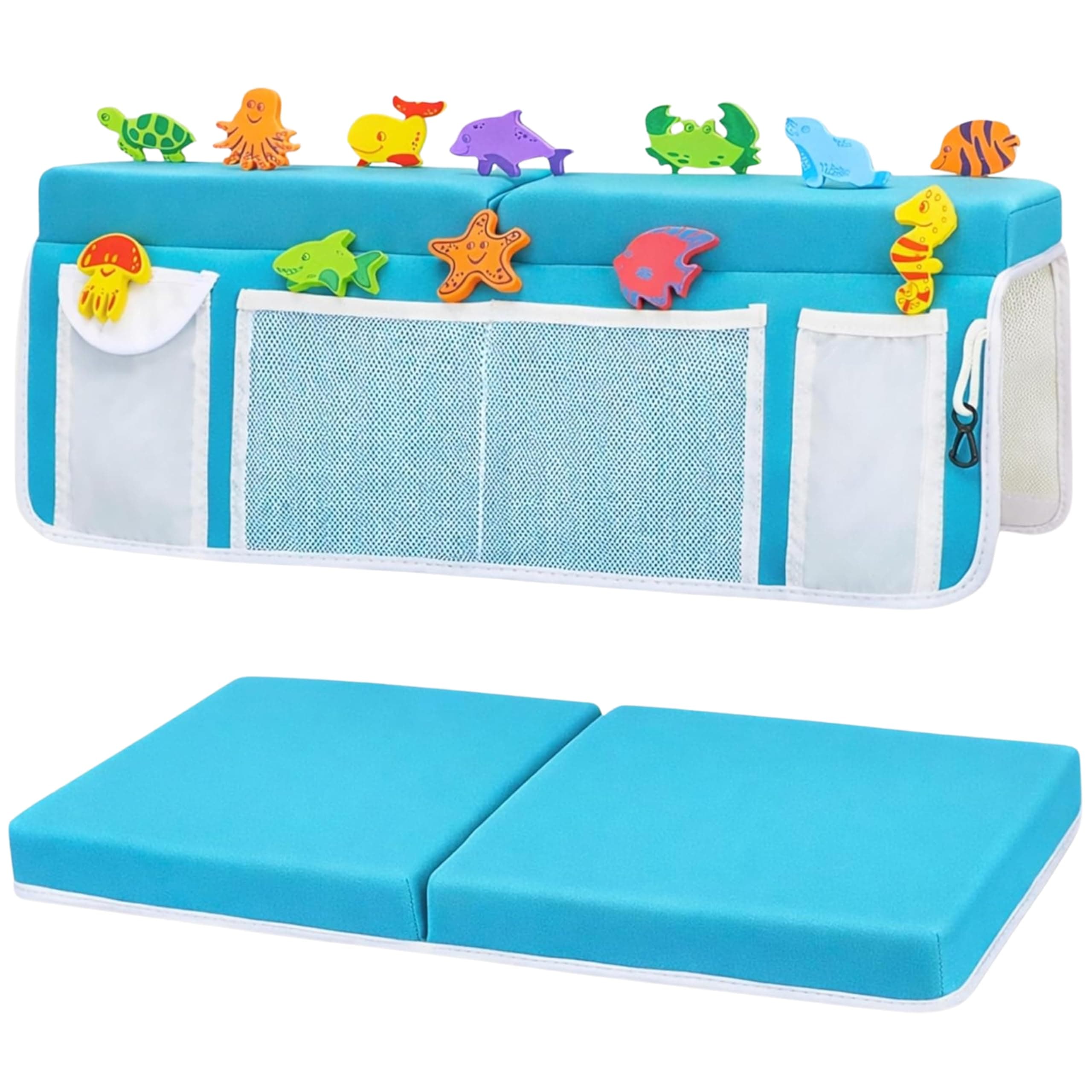 Bath Kneeler –8 Suction Cups & 1.5" Thicker Padding.Certified Bath Kneeling Pad for Bath Tub & 5 Bath Toy Organizer. Fast Dry Bath Kneeler and Elbow Rest Pad Set. Baby Bath Essentials by Supa Ant-Blue