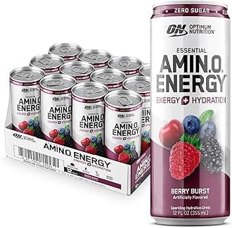 Optimum Nutrition Amino Energy Sparkling Hydration Drink, Electrolytes, Caffeine, Amino Acids, BCAAs, Sugar Free, Berry Burst, 12 Fl Oz, 12 Pack