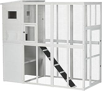 PawHutOutdoor Catio, Cat House Wooden Feral Cat Shelter, Cat Cage with Platforms, Waterproof Asphalt Roof, Ramps, 77" L, White