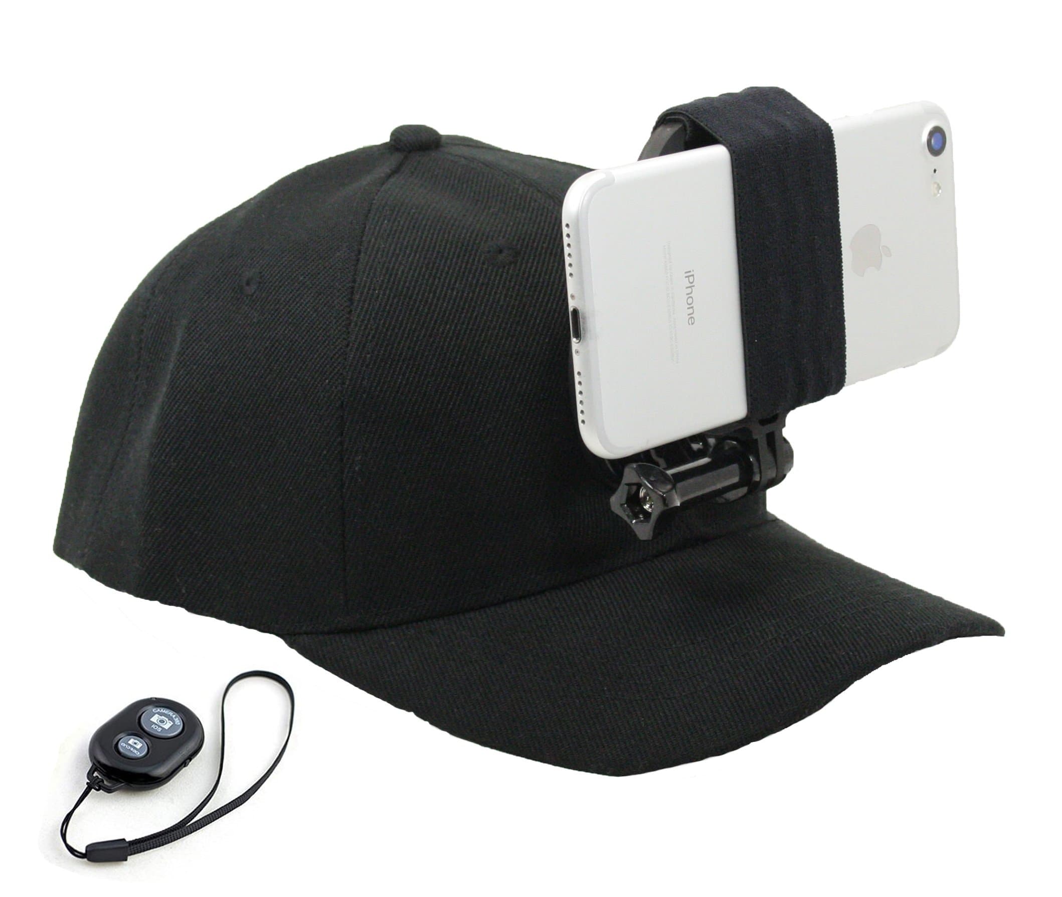 Octo Mount - Baseball Hat Compatible with Smartphone/Cellphone/GoPro Camera Head Mount with Remote iOS/Android Bluetooth Shutter. Any Phone or GoPro Camera Fits, Regardless of Case.