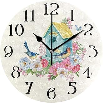 Butterfly Bird Wall Clock with Birds - Battery Operated 9.5 in Round Quartz Analog Clock for Bathroom, Kitchen, Garden