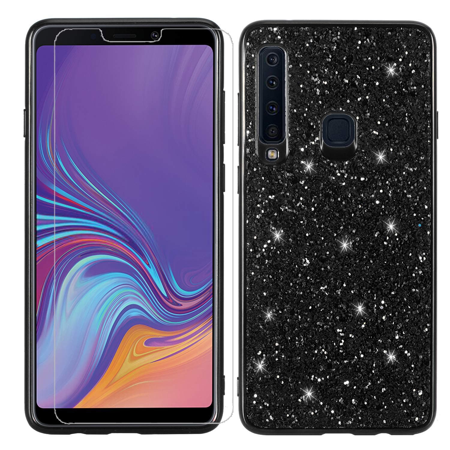 Galaxy A9 2018 Case Galaxy A9 Star Pro A9s Case with Screen Protector Glitter Sparkle Bling Shockproof Slim Soft TPU Cute Women Girls Protective Phone Case Cover for Samsung Galaxy A9 2018 (Black)
