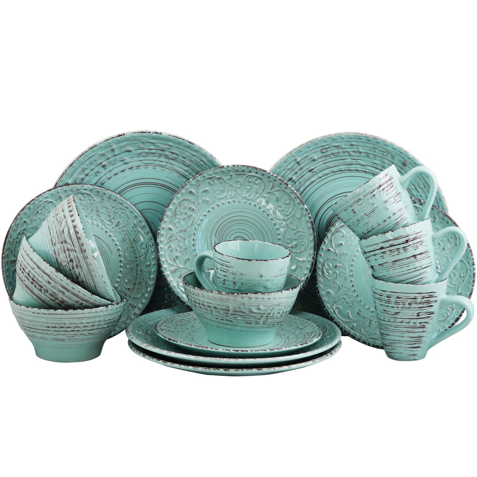 Embossed Stoneware Ocean Dinnerware Dish Set, 16 Piece, Turquoise