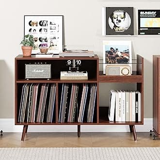 RARZOE Large Record Player Stand, Mid Century Vinyl Record Display Stand, Turntable Stand with Storage, Record Player Holder Up to 350 Albums, Record Vinyl Storage Cabinet for Living Room, Walnut