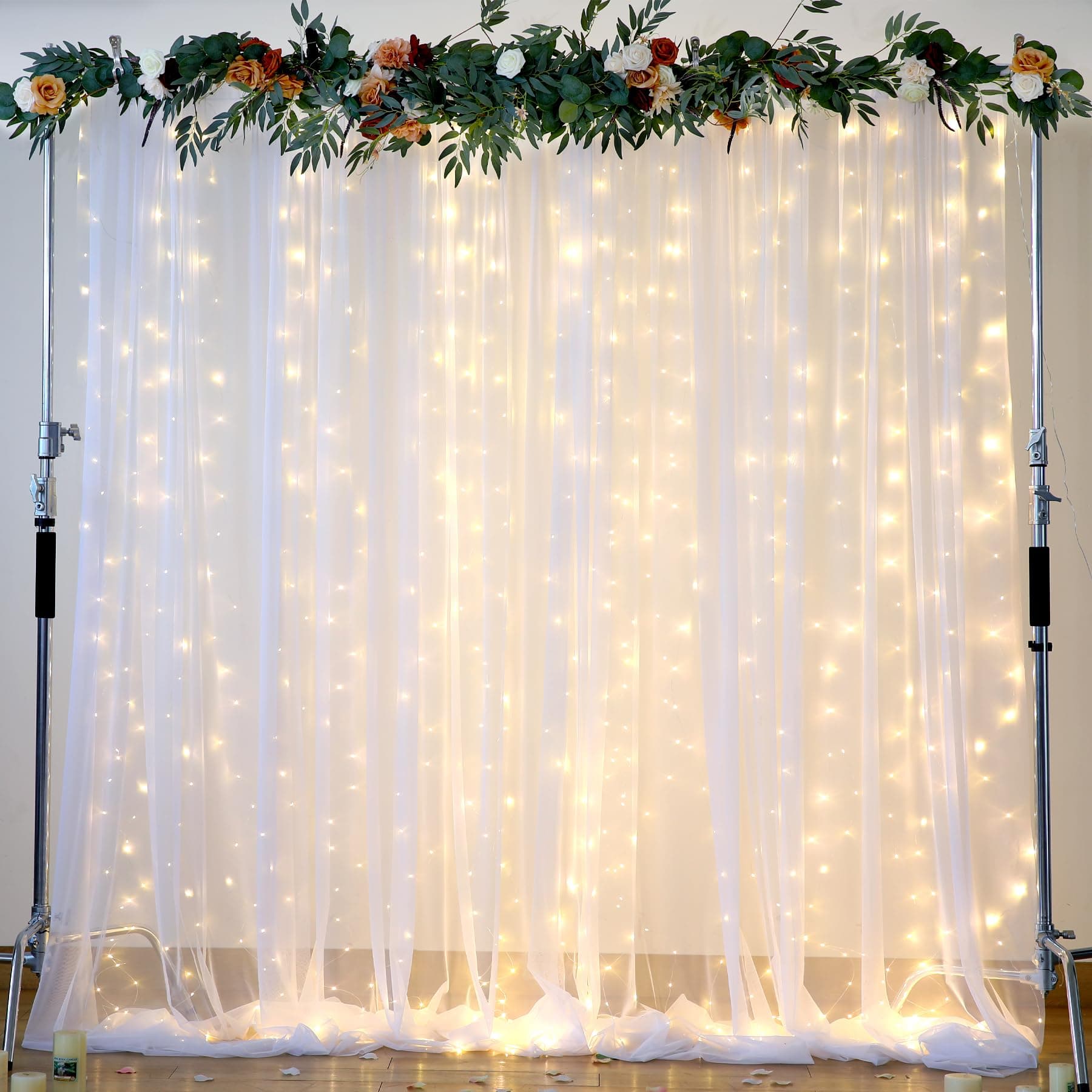 White Tulle Backdrop Curtain with Lights String for Parites 10×8ft Sheer Backdrop Curtains White Curtain Backdrop for Wedding Baby Shower Birthday Party Photo Shoot Decorations(2 Panels 10ft×8ft)