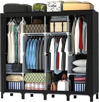 LOEFME Canvas Wardrobe, 165 * 45 * 175 cm Portable Wardrobes for Bedroom, Four-column Spacious Foldable Wardrobe, Easy Assembly Cloth Wardrobe, New Base Design Fabric Wardrobes, Black