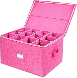 Stemware Storage Cases, Hard Shell Wine Glass Storage Box Containers with dividers for 12 Wine Glasses, Drinkware, Glassware or Crystal 17" x 13" x 10"H (Pink)