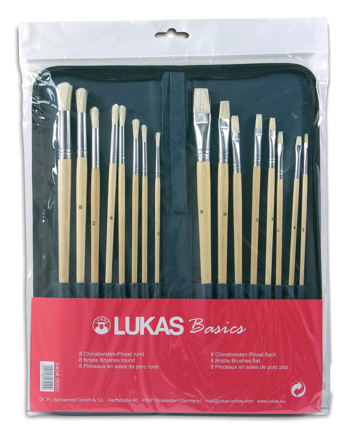 Lukas BASICS bristle brush beginner set PINSELM, 16 brushes for deck paints, oil, acrylic and gouache, round and flat size 2 to 20