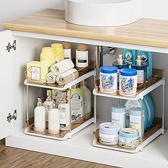 Delamu 2-Tier Multi-Purpose Bathroom Under Sink Organizers and Storage, Stackable Kitchen Pantry Organization, Pull Out Medicine Cabinet Organizer with Movable Dividers, Amber, 2 Pack