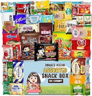 Korean snack box variety pack, 50 count individually wrapped, care package sampler with candy, cookies, chips, and treats, gift bundle for kids, students, adults, and snack lovers