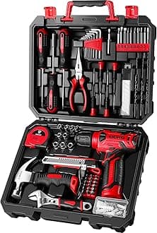 DEKOPRO Drill Set: Tool Set with 8V Red Cordless Drill, Home Tool Kit with Drill, Hand Tool Kits for Women 126 Piece
