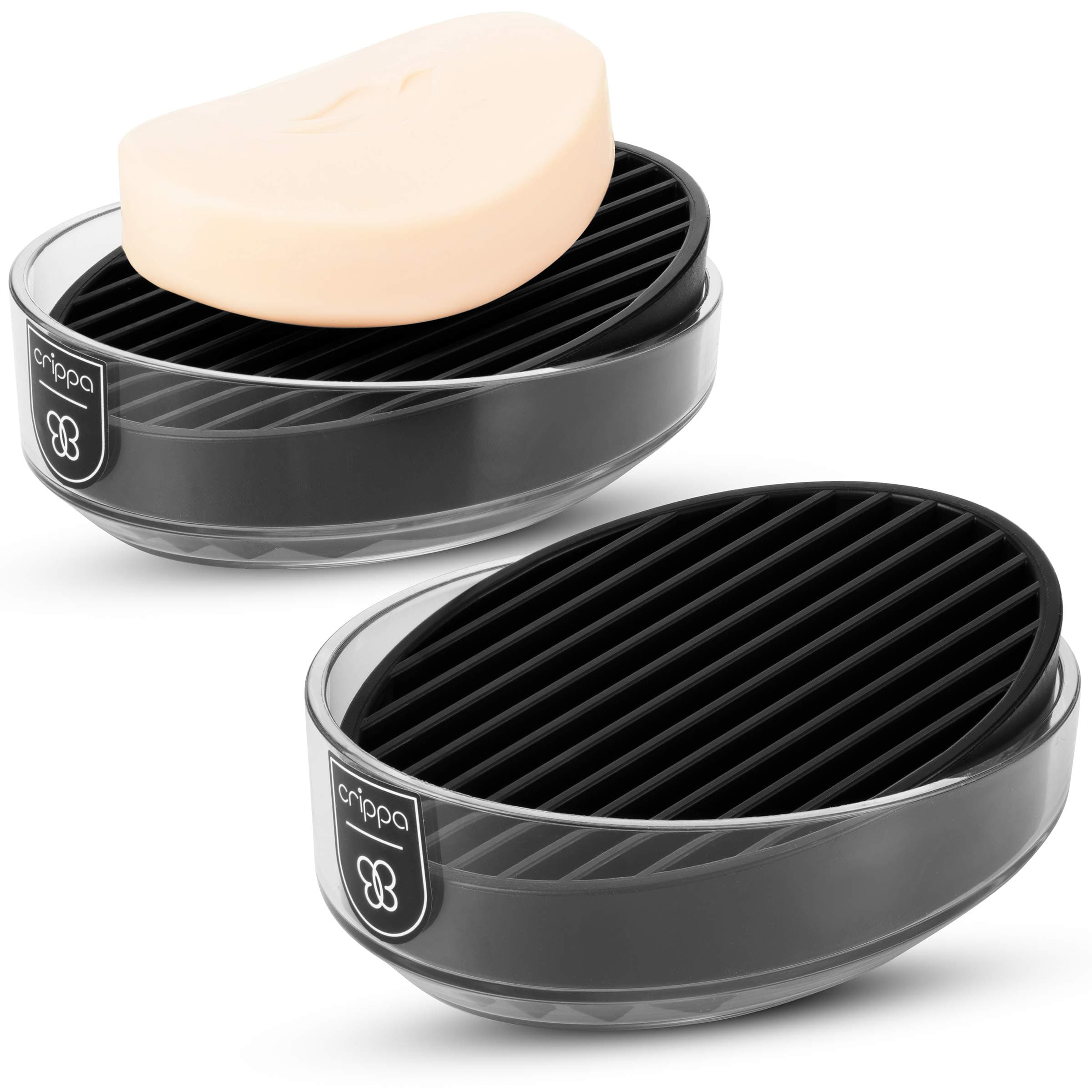 Crippa Bathroom Soap Dish | 2-Pack Bar Soap Holder with Draining Tray | Plastic Soap Dishes for Shower | Non-Mushy & Easy to Clean | Clear