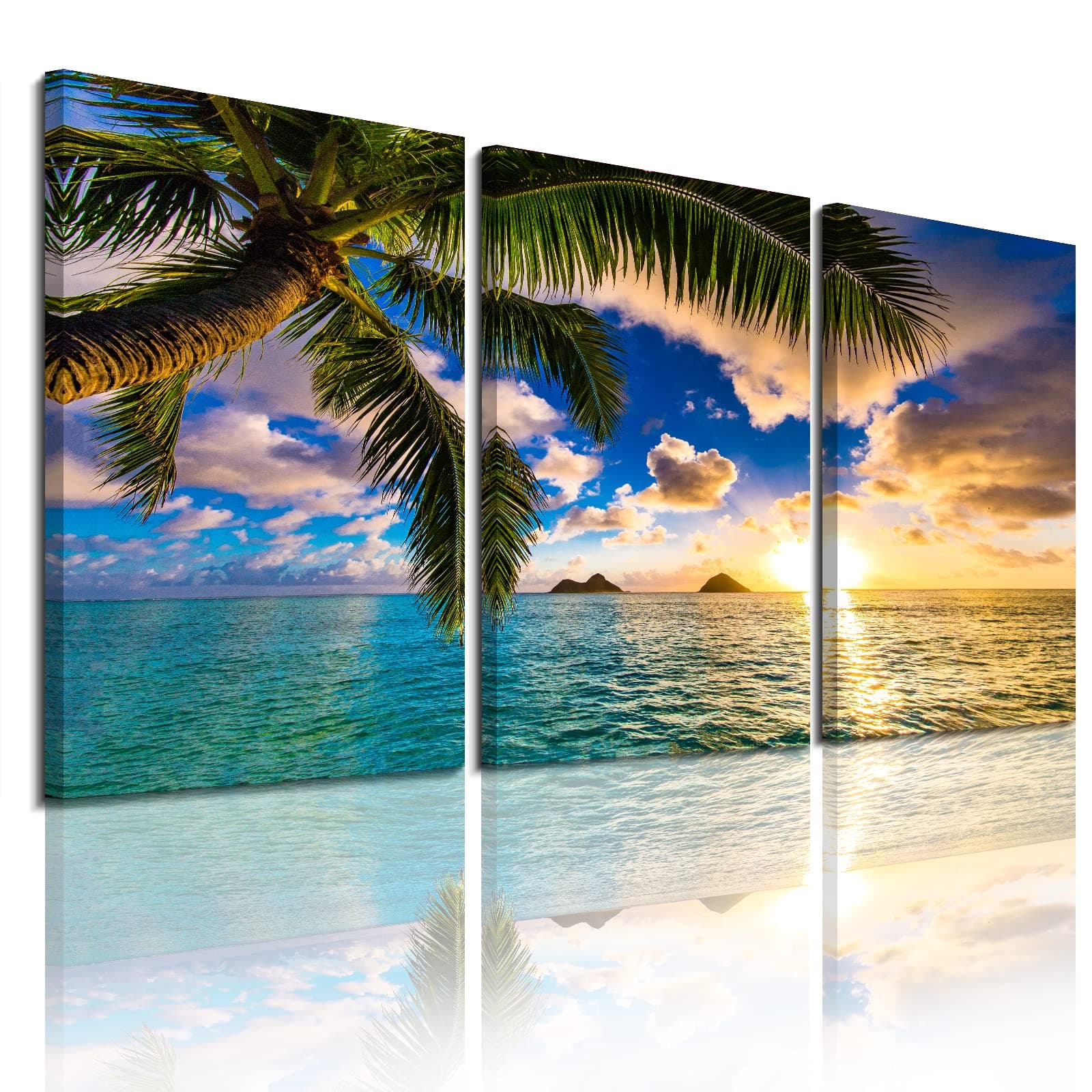 see beach sunset wall art - 3 Panel Canvas for Home Decor Blue Sea Painting The Picture Print On Seascape Pictures (B-3pcs,16"x24"x3pcs)