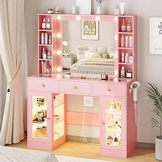 Pink Vanity Desk with Mirror and Lights, Glass Top Vanity with Lighted Mirror & RGB Glass Cabinet and 3 Drawers, Makeup Vanity Desk with Lights Dressing Table for Bedroom, 3 Color Modes